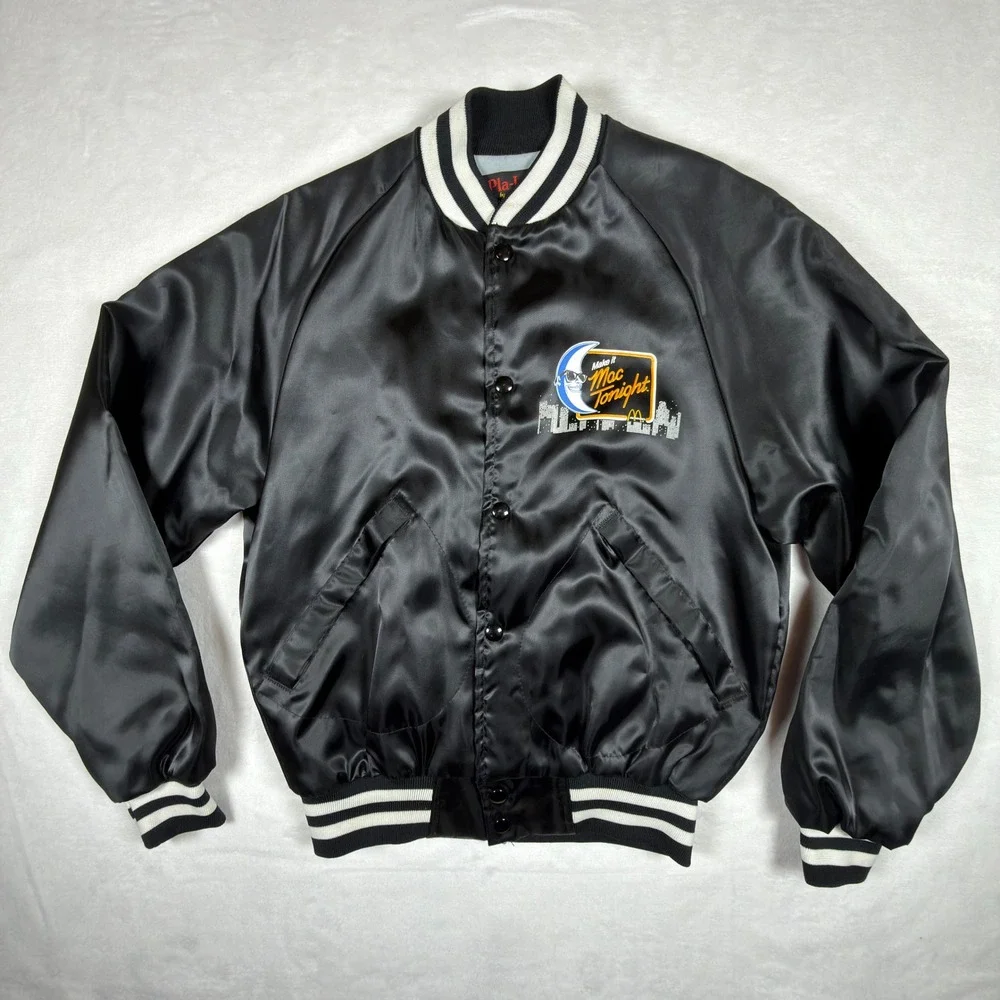 Vintage Pla-Jac McDonalds Mac Tonight Satin Jacket Black Varsity‎ Bomber Small